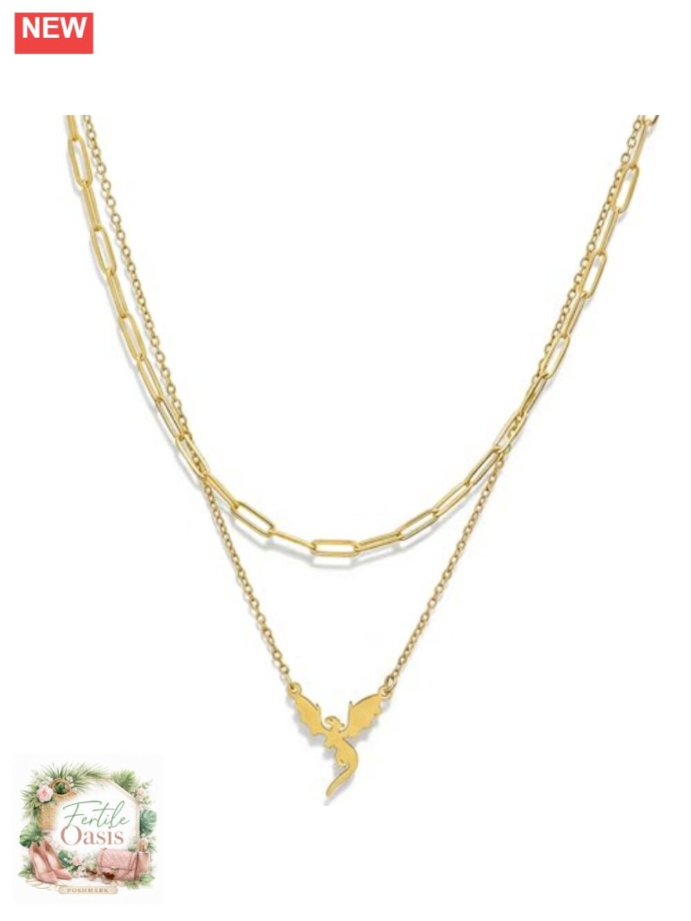 Gold Layered Dragon Pendant Necklace for Women, Paperclip Chain Choker, Fantasy